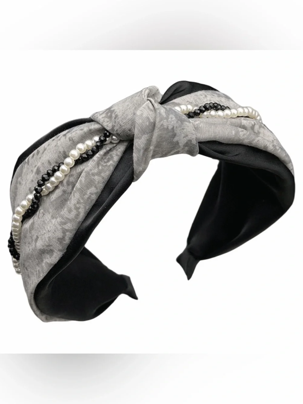 Pearl-Trim Knotted Headband in Black and Gray